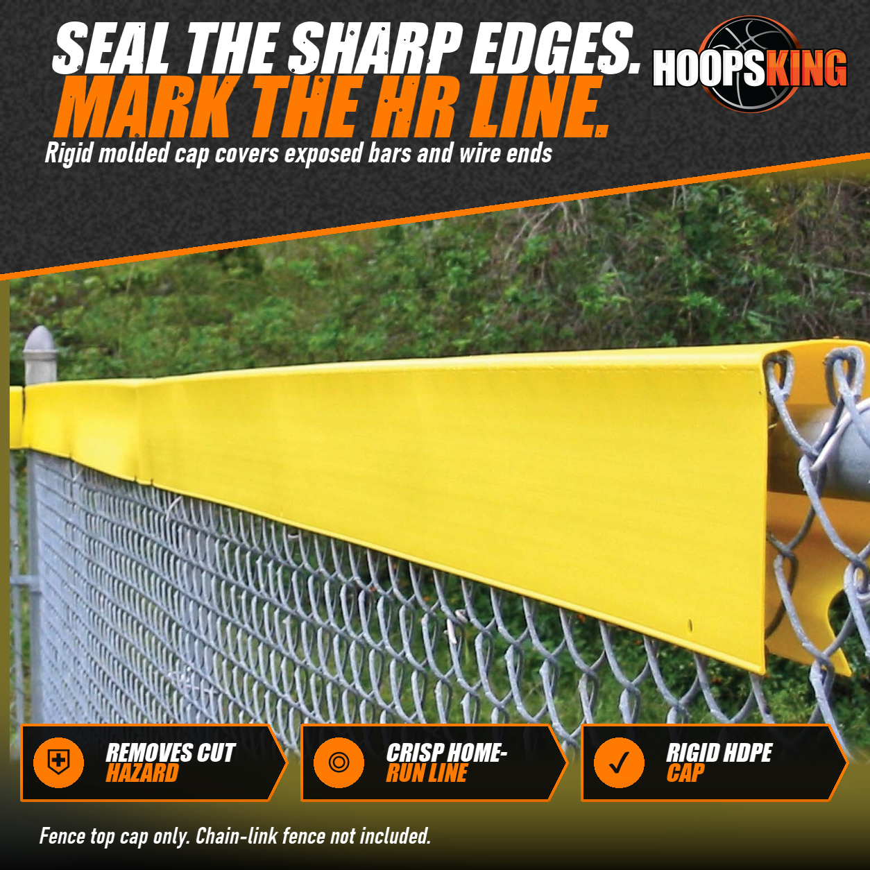 Yellow Safety Top Cap molded cap snapped over the top rail of a chain-link fence in front of green trees