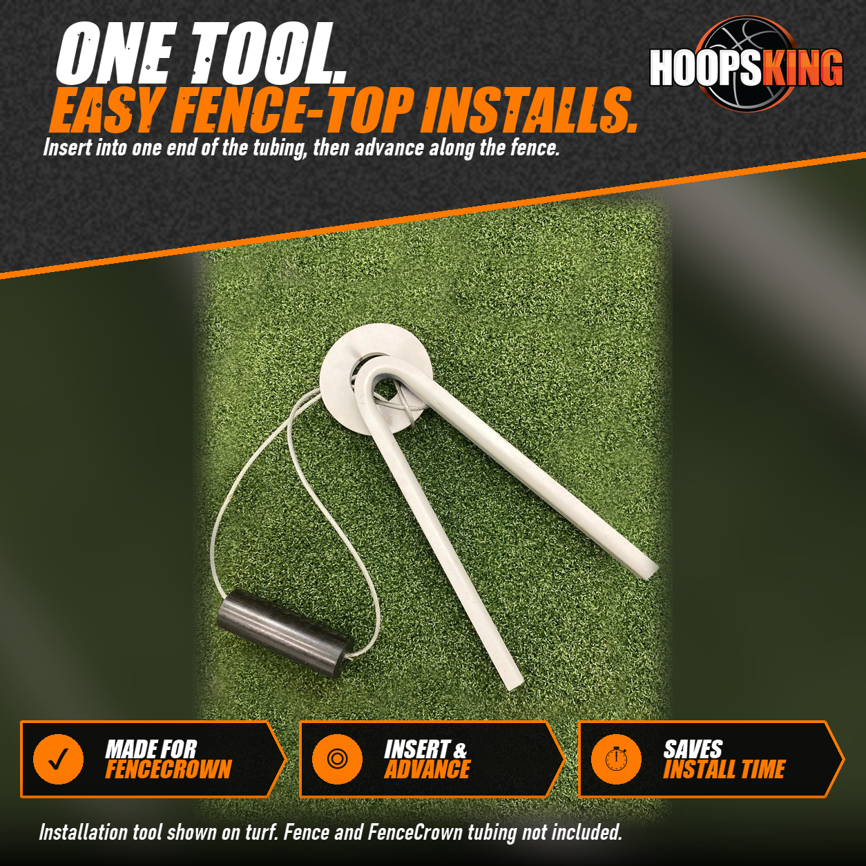 Gray FenceCrown fence-top tool with a round guide plate, steel cable loop and black handle lying on green turf