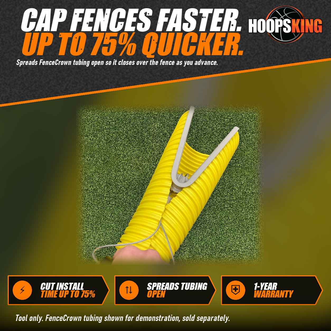 Gray FenceCrown installation tool spreading open a yellow corrugated fence-top tube, with a hand holding the cable handle