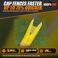 Thumbnail for Gray FenceCrown installation tool spreading open a yellow corrugated fence-top tube, with a hand holding the cable handle
