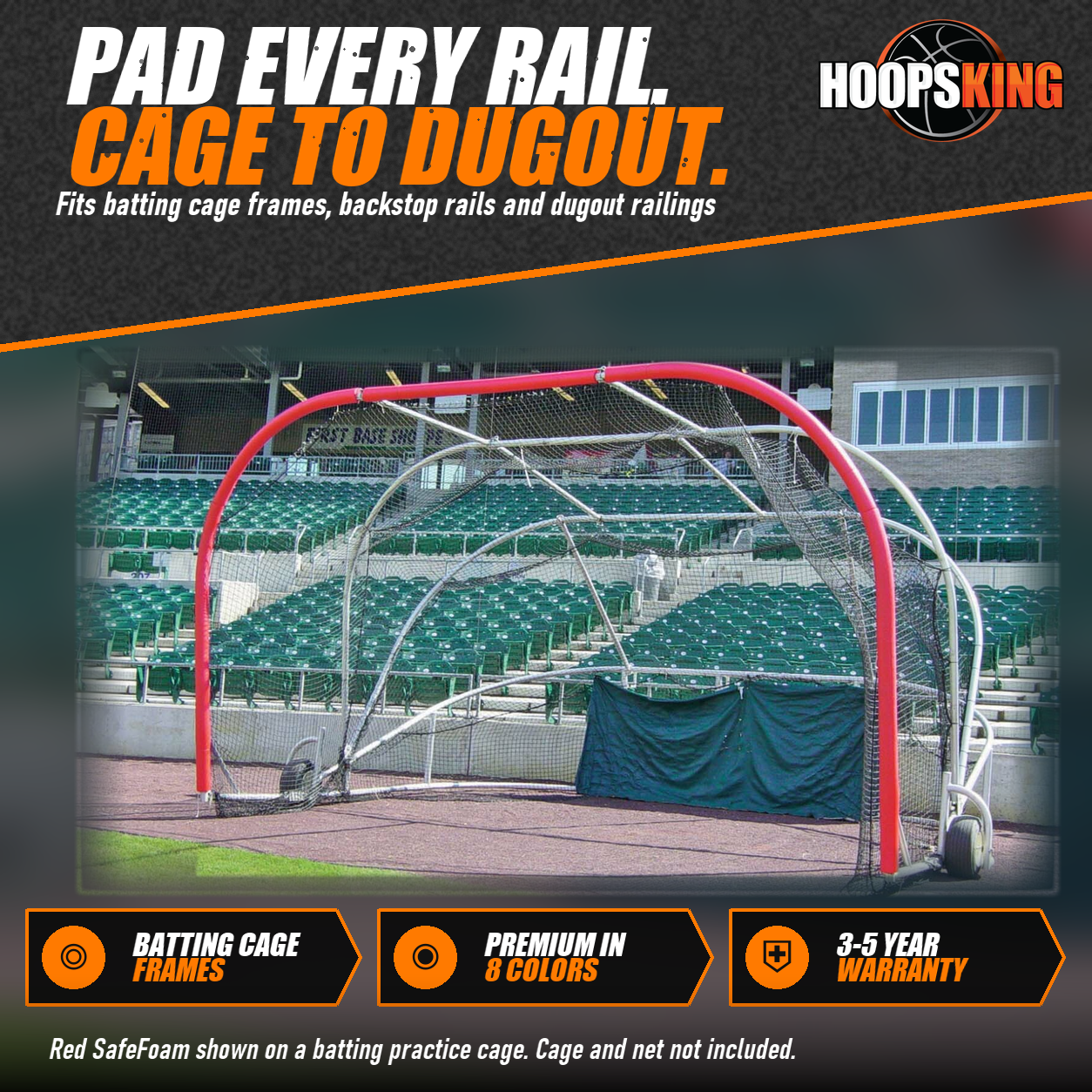 Red SafeFoam padding wrapped around the curved frame of a batting practice cage in front of green stadium seats