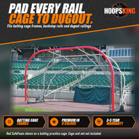 Thumbnail for Red SafeFoam padding wrapped around the curved frame of a batting practice cage in front of green stadium seats