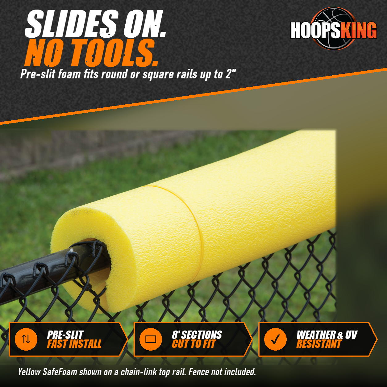 Close view of yellow pre-slit SafeFoam tube slid over the black top rail of a chain-link fence