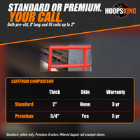 Thumbnail for Comparison chart of standard and premium SafeFoam above red foam padding with mitered corners on a dugout railing
