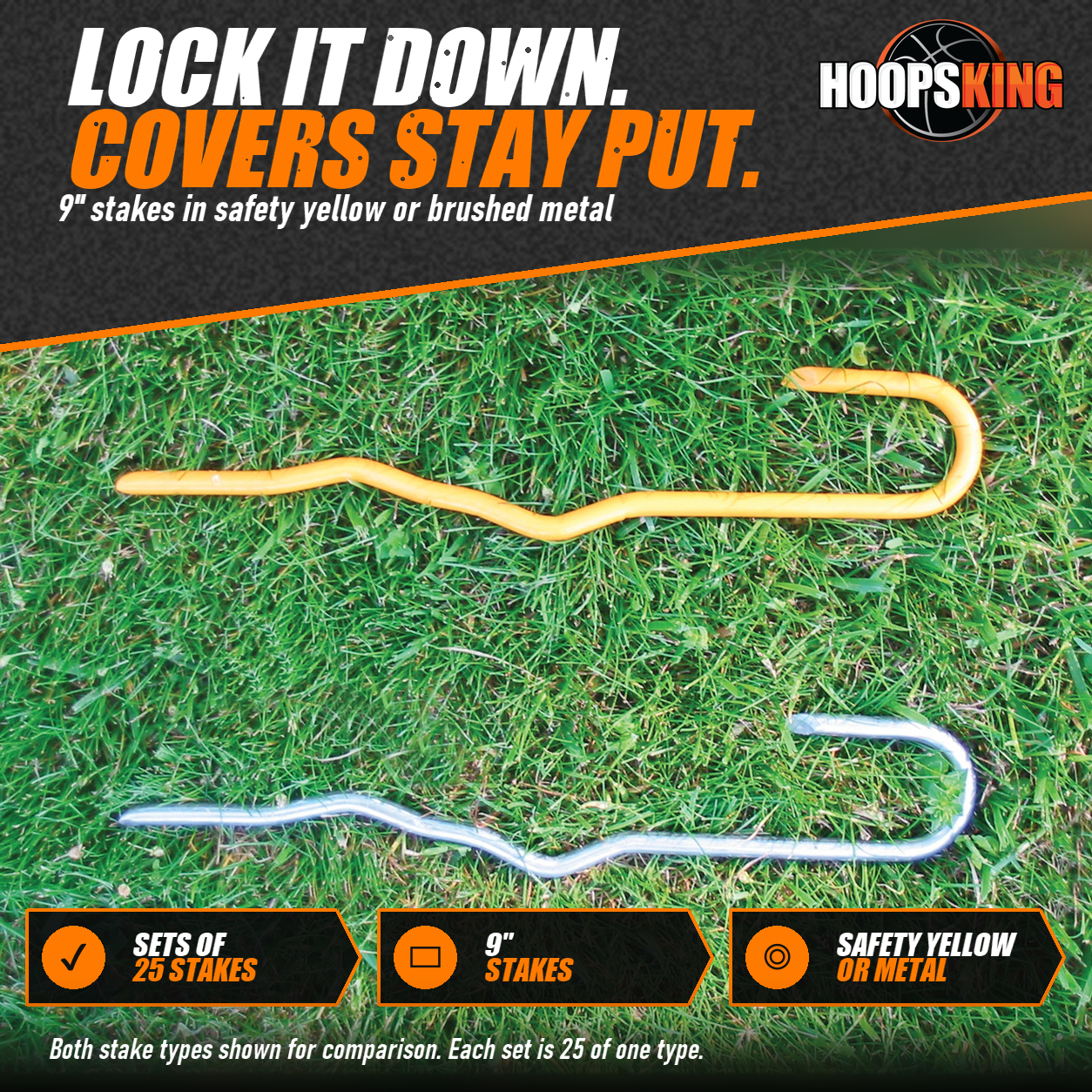One safety yellow and one brushed metal 9 inch hooked cover stake lying on green grass