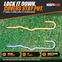 Thumbnail for One safety yellow and one brushed metal 9 inch hooked cover stake lying on green grass