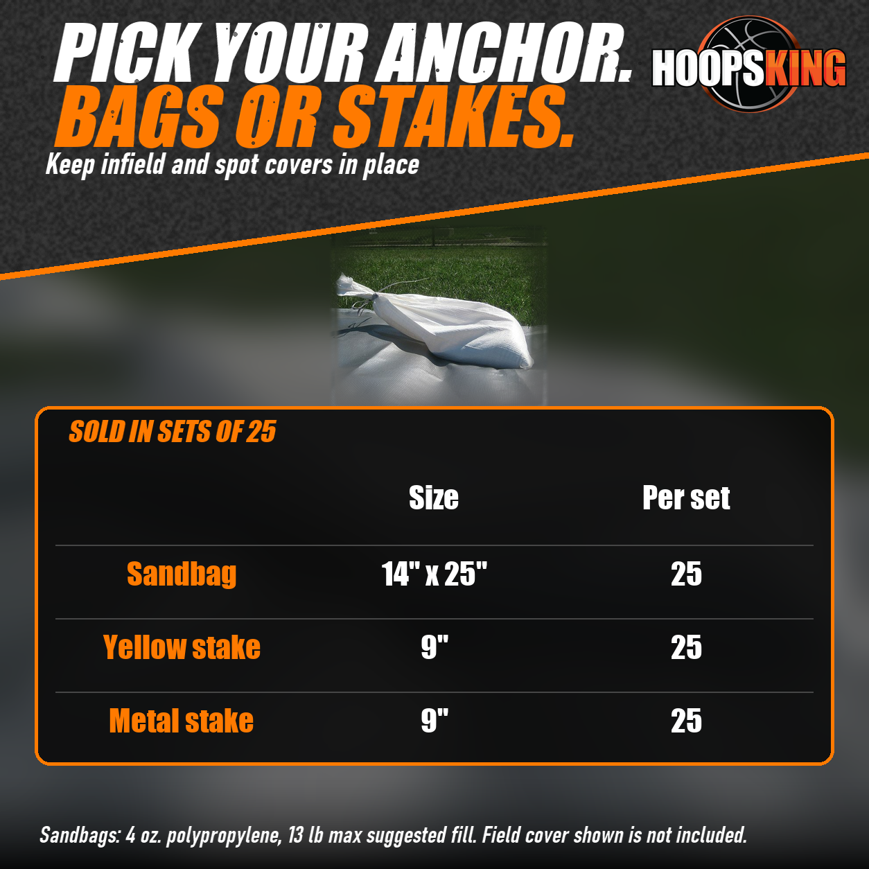 Options chart for FieldSaver sandbags and stakes below a white filled sandbag tied shut and resting on a gray field cover