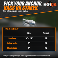 Thumbnail for Options chart for FieldSaver sandbags and stakes below a white filled sandbag tied shut and resting on a gray field cover