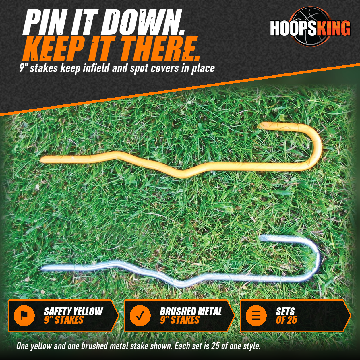 One safety yellow and one brushed metal hooked tarp stake lying side by side on green grass