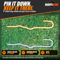 Thumbnail for One safety yellow and one brushed metal hooked tarp stake lying side by side on green grass