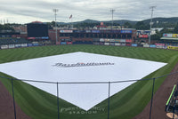 Thumbnail for Custom FieldSaver full infield baseball field tarp with printed graphics at FirstEnergy Stadium in Reading, Pennsylvania