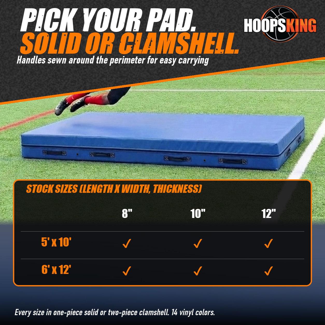 Size chart for football crash pads 5 by 10 and 6 by 12 feet in 8, 10 and 12 inch thickness below a blue pad on a turf field