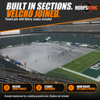 Thumbnail for Grounds crew pulling a silver field cover across a football stadium field with the green end zone still uncovered