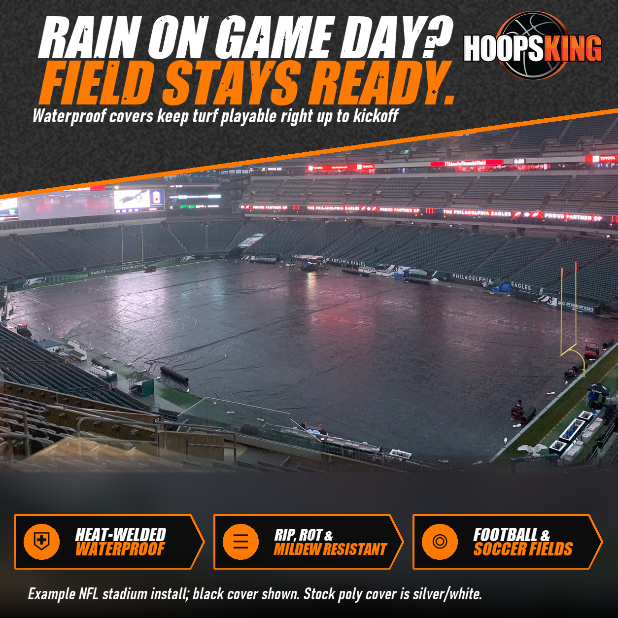 Dark field cover spread over the entire football field during heavy rain inside an NFL stadium at dusk