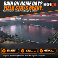 Thumbnail for Dark field cover spread over the entire football field during heavy rain inside an NFL stadium at dusk