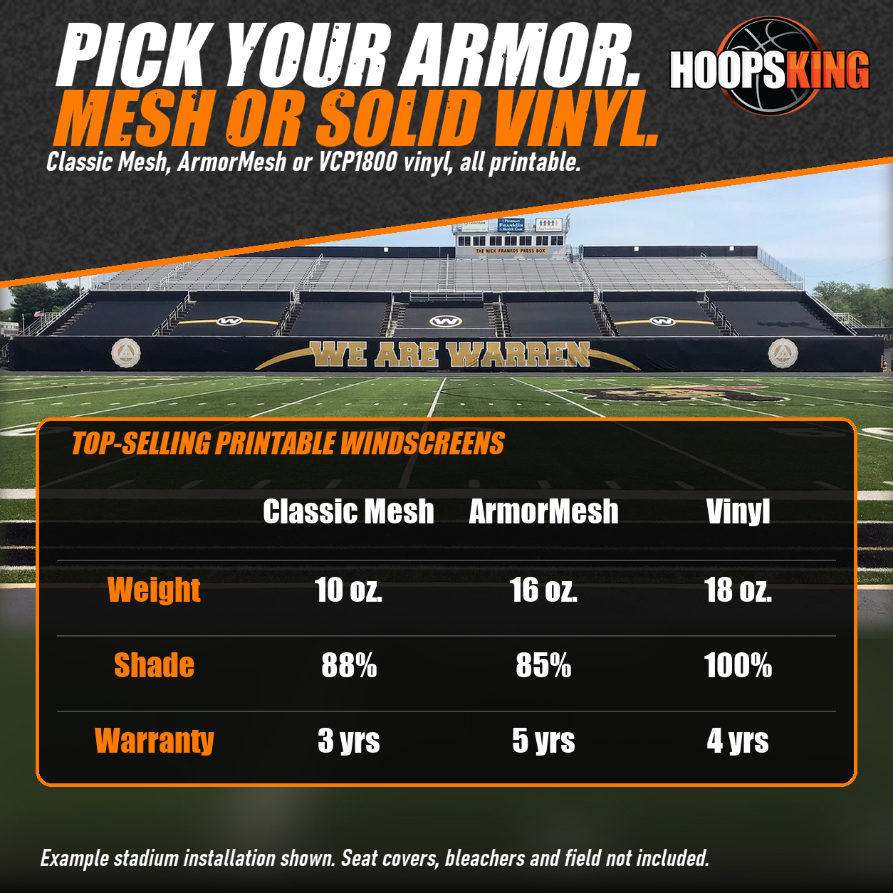 Black windscreen printed with gold WE ARE WARREN lettering across the front of football stadium bleachers, above a materials chart