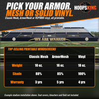 Thumbnail for Black windscreen printed with gold WE ARE WARREN lettering across the front of football stadium bleachers, above a materials chart