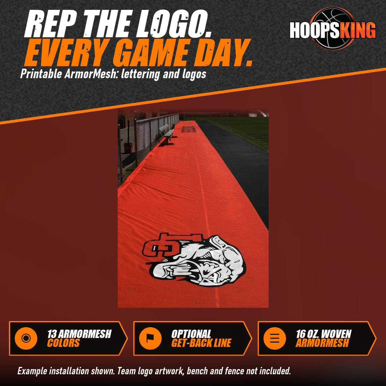 Orange sideline tarp printed with a large black and white Panthers mascot logo running along a football sideline