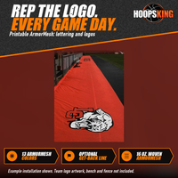 Thumbnail for Orange sideline tarp printed with a large black and white Panthers mascot logo running along a football sideline