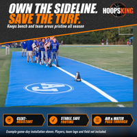 Thumbnail for Royal blue ArmorMesh sideline tarp with a white AJ logo under a football team lined up along the sideline