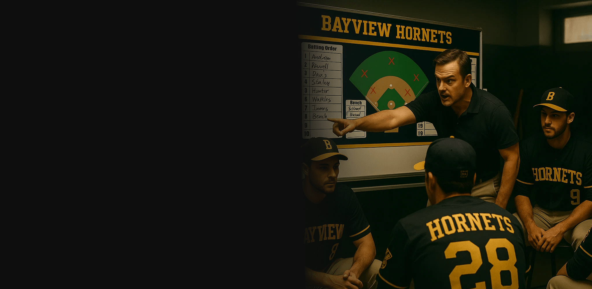 An intense Hockey coach points to a custom Hockey strategy whiteboard while giving instructions to his team in a locker room.