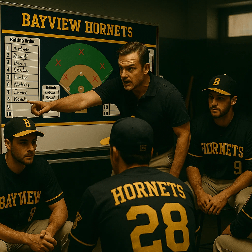A Hockey coach stands and points to a large, custom strategy whiteboard while addressing his seated team in a locker room meeting.