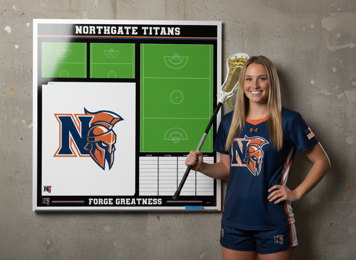 A female college lacrosse player in full uniform poses confidently for a media day photo, standing in front of her team's large, custom-branded 'Northgate Titans' magnetic whiteboard in the locker room.