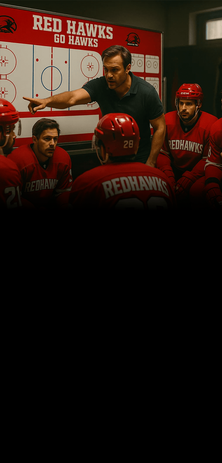 An intense Hockey coach points to a custom Hockey strategy whiteboard while giving instructions to his team in a locker room.