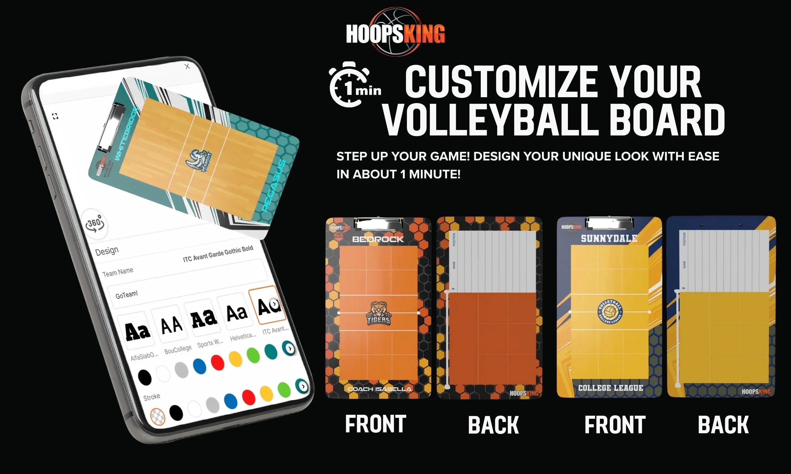 Customize the design of your volleyball dry erase board clipboard whiteboard with team logo, colors, and text options