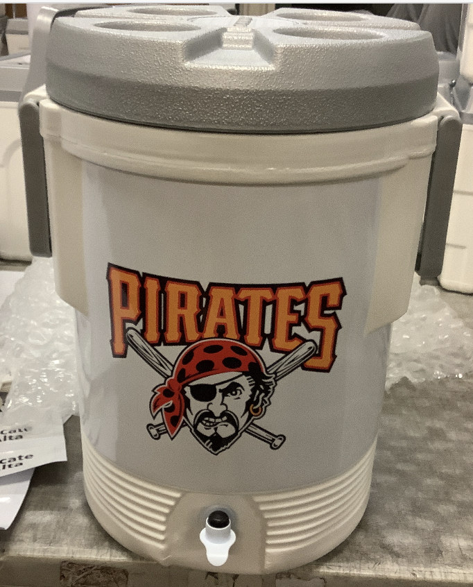 Custom 5-gallon cooler with full-body vinyl wrap showcasing team colors and logo.
