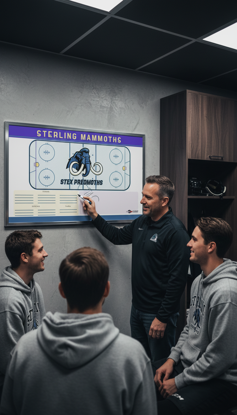 A head coach points to a diagram on a 