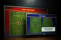 Thumbnail for Two custom soccer locker room whiteboards with team names and soccer field diagrams.