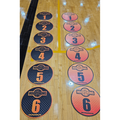 Two rows of numbered "HOOPSKING" spot markers (1-6) on a basketball court.