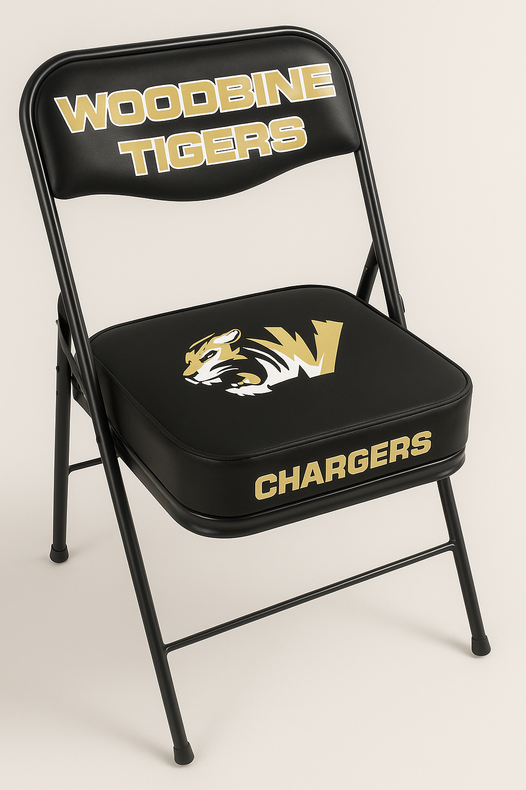 game chair with bold gold lettering and tiger logo