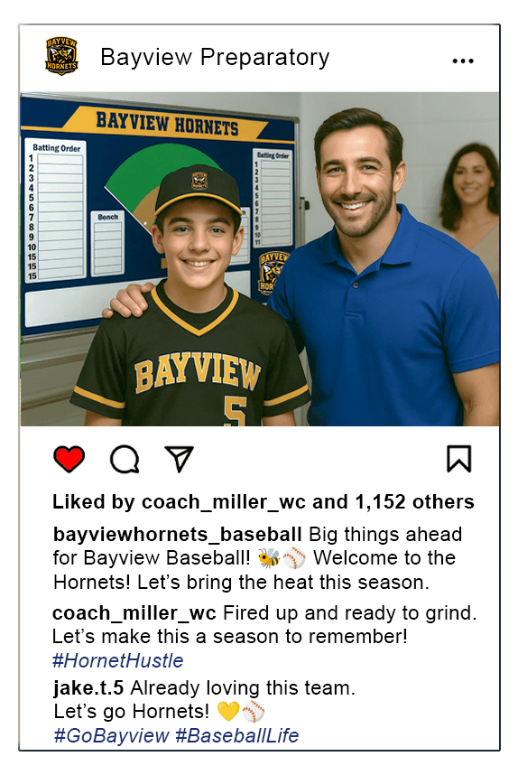 An Instagram post from Everride High School showing a proud football coach with his arm around a new student athlete. In the background is a custom Hockey team strategy board.