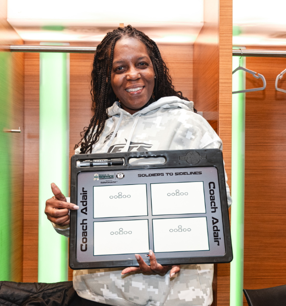 “New York Jets and Soldiers to Sidelines participants holding custom football coaching boards — HoopsKing collaboration for veteran coaching certification.”