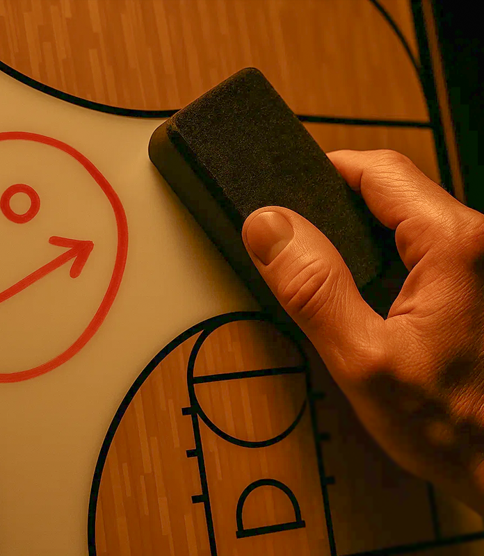 Erasing a basketball court whiteboard with a standard eraser.