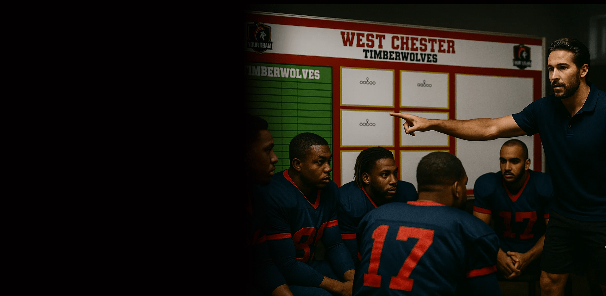 An intense football coach points to a custom West Chester Timberwolves strategy whiteboard while giving instructions to his team in a locker room.