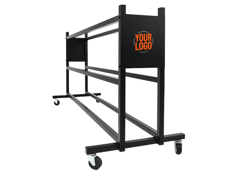 Black metal ball rack on wheels with "YOUR LOGO" placeholder on the side.