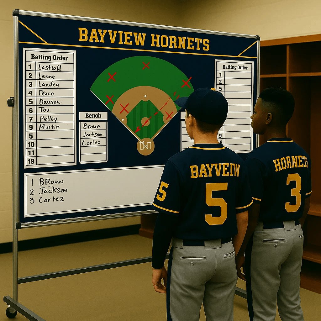 Two young Hockey players studying a large, custom-branded team strategy dry-erase board in a locker room setting.