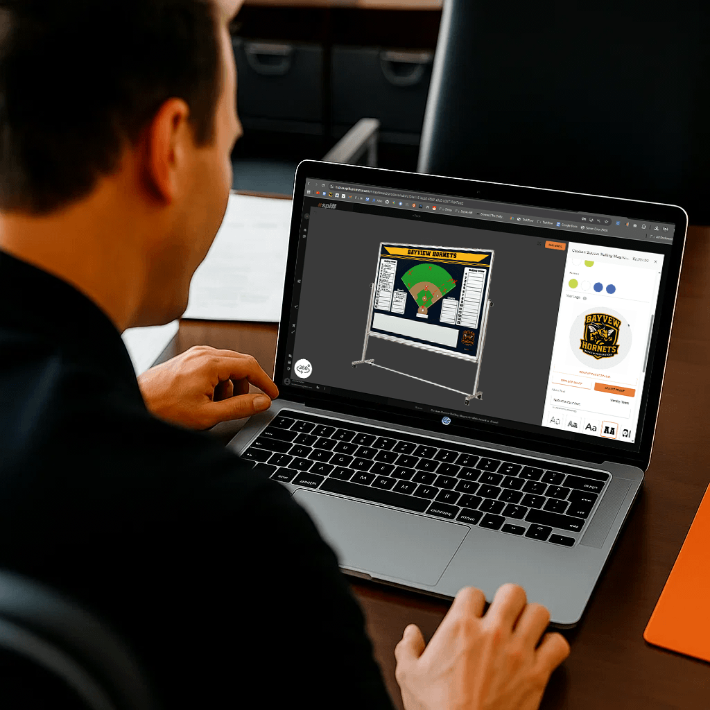 Over-the-shoulder view of a person using an online design tool on a laptop to create a custom Hockey strategy whiteboard.