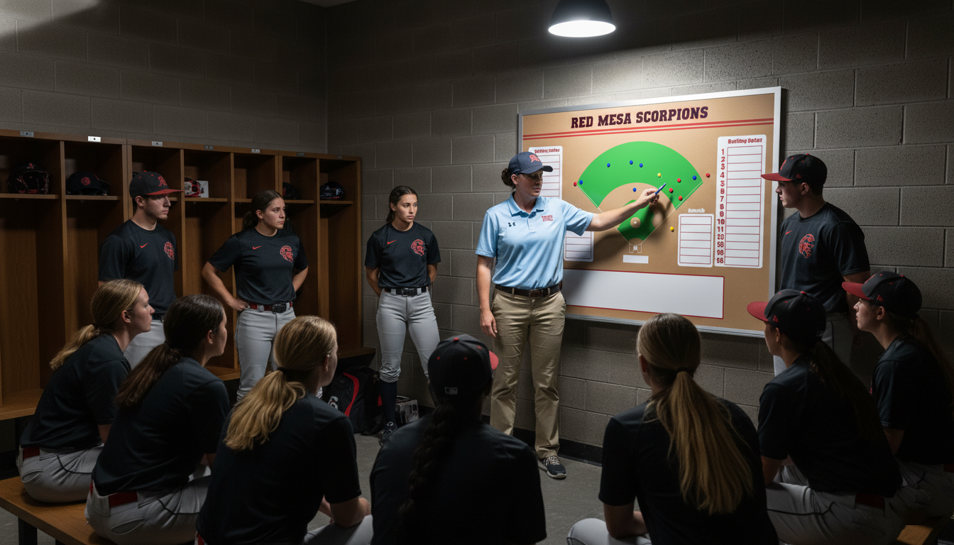 Red Mesa Scorpions baseball coach instructing players on a 4x8 foot custom magnetic whiteboard in a moody locker room, displaying team logo and defensive strategy.