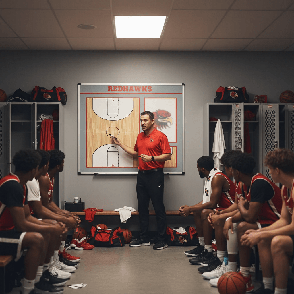 Custom basketball dry-erase board with handle in a locker room