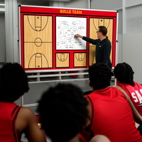 Thumbnail for A coach instructing his basketball team during a huddle on the court, using a large custom 'Bulls Team' strategy board to explain a play.