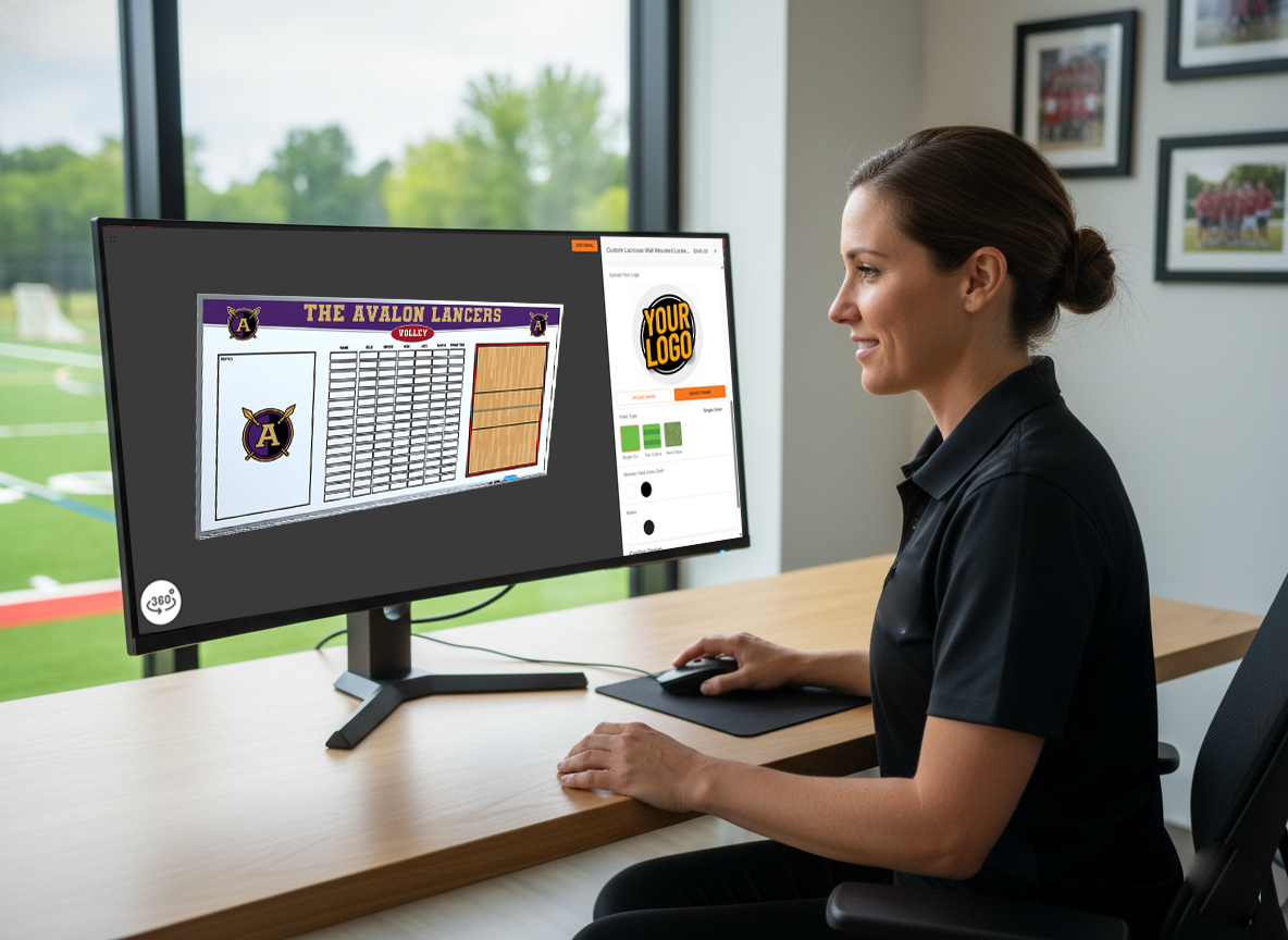 Athletic director viewing a digital proof of a custom volleyball whiteboard on a monitor in a sunny office overlooking a baseball field.