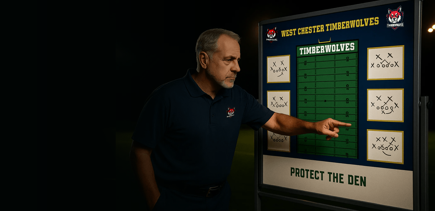 A focused football coach stands on a field at night, pointing to a play diagram on a large, custom-branded West Chester Timberwolves dry-erase strategy board.