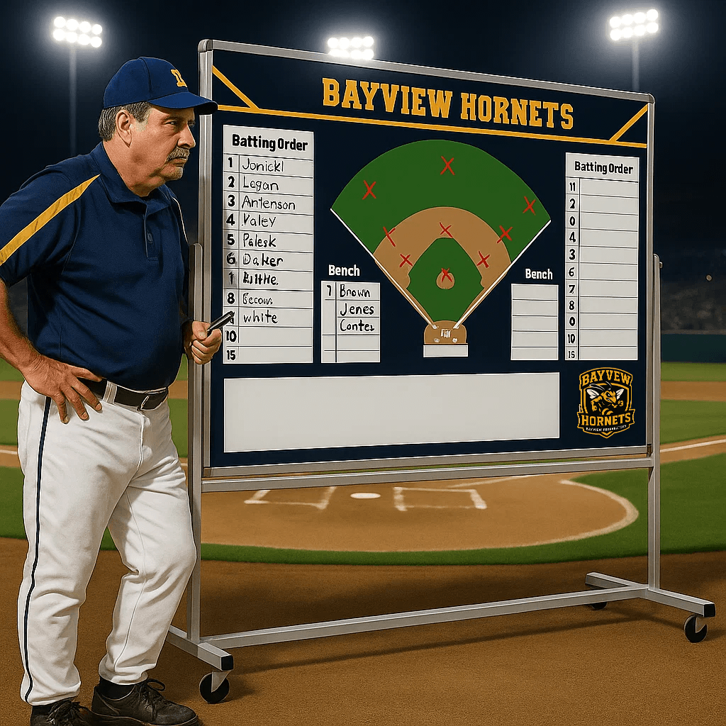 A coach moves a large, custom-branded Hockey team whiteboard on a rolling stand across a Hockey stadium.