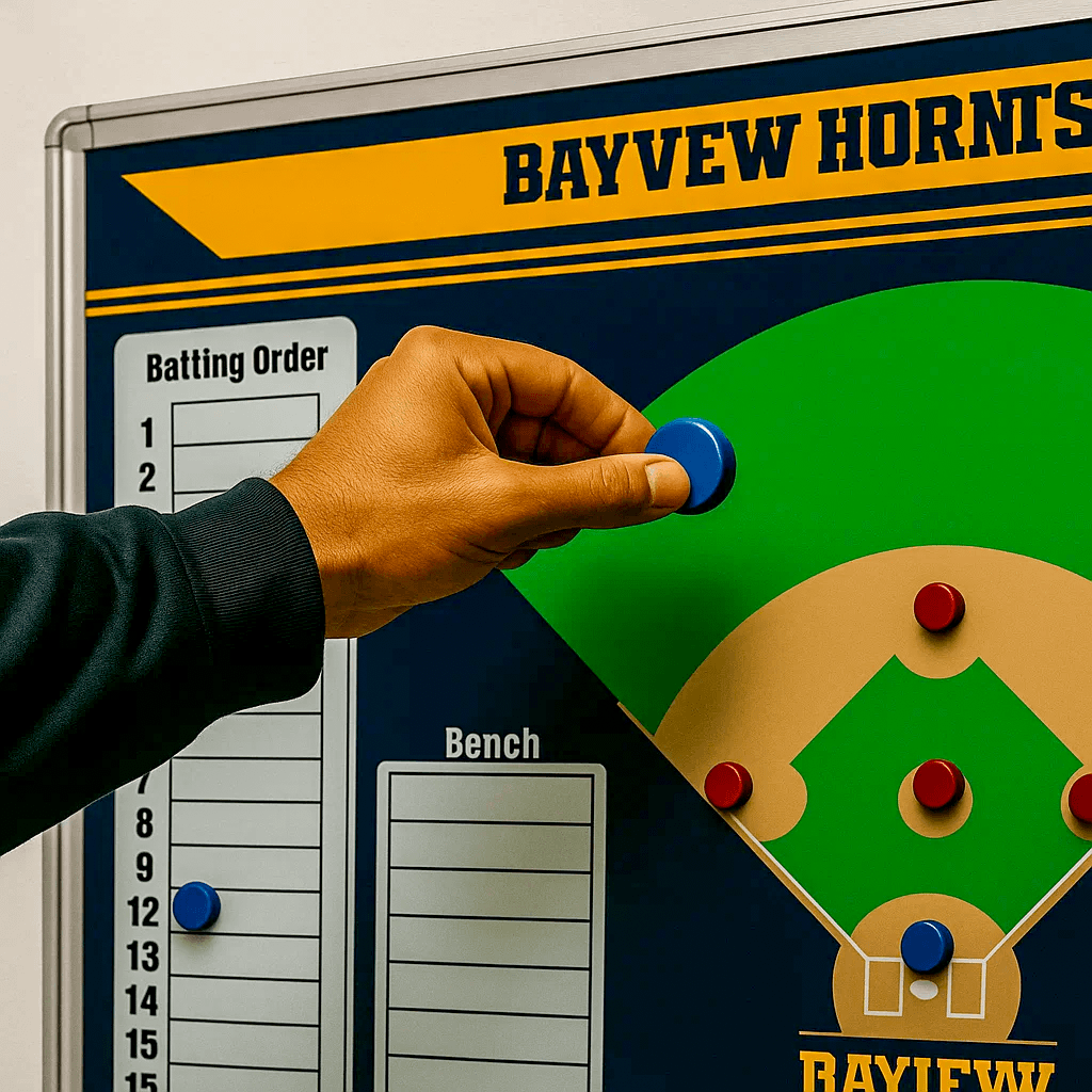 Close-up of a coach's hand placing a blue, circular player magnet onto a magnetic Hockey strategy board with a field diagram for the Redhawks team.