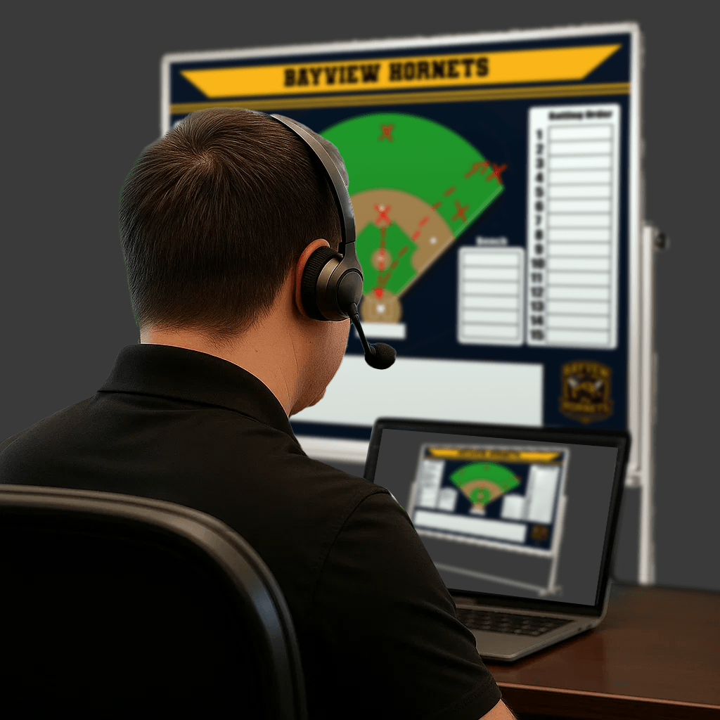 Back view of a customer support representative wearing a headset while assisting with the design of a custom Hockey whiteboard, shown on a laptop and a large screen.