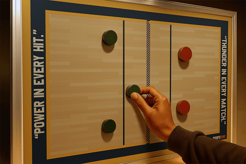 A person's hand places a blue magnet on the center circle of a 